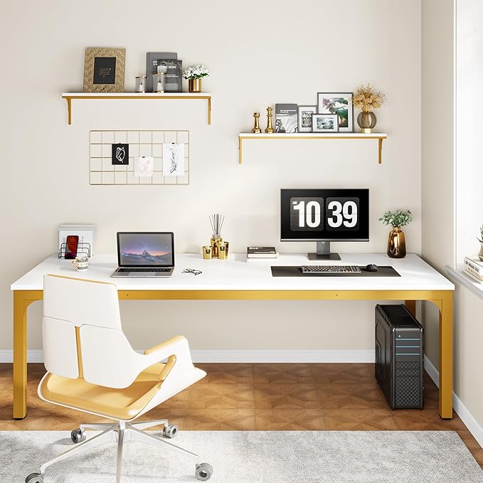Tribesigns Modern 78.7 Inches Extra Long Computer Desk 2 Person Desk, Double Long Desk, Workstaion for Home Office, White+Gold