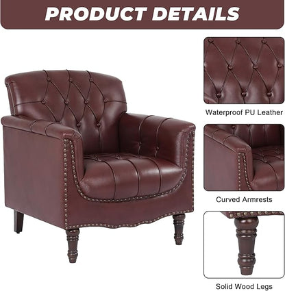 Faux Leather Accent Chairs Set of 4, Upholstered Armchairs with Nailhead Trims & Wood Legs for Living Room, Bedroom, Contemporary Comfy Club Chairs for Office-Dark Red