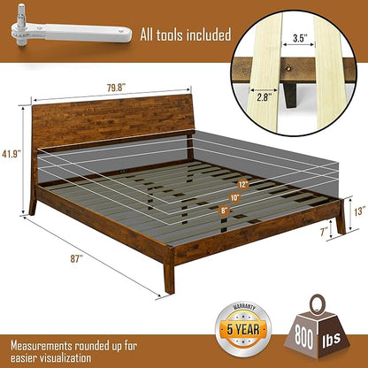 Acacia Serenity King Bed Frame and Headboard Solid Wood Platform Bed, King Size Bed Frame and Headboard, Scandinavian Wood Bed Compatible with All Mattress Types, Non-Slip and Noise-Free, Caramel