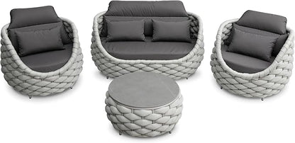 Aluminum Patio Furniture Set: 4 Pieces Woven Rope Outdoor Conversation Sofa Set Assembled - Modern Cushioned Armchair Couch Set for 660lbs Porch Deck Backyard Poolside Garden Drawing Room Hotel