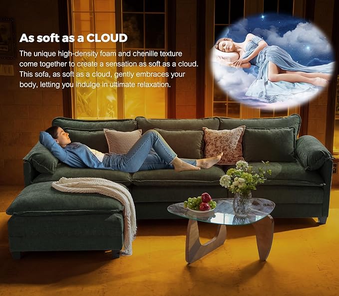 ELUCHANG 113" Modular Sectional Sofa, Comfy Cloud Couch, L Shaped Deep Seat Sofa Couches for Living Room, 4-Seater Modern Sofa with Movable Ottoman, DIY Combination - Chenille Olive Green