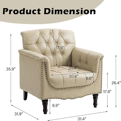 Lumibee Faux Leather Armchairs, Contemporary Accent Chairs Set of 2 with Nailhead Trims & Wood Legs for Living Room, Upholstered Comfy Arm Chairs for Office,Bedroom-Beige
