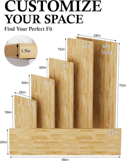 5FT Butcher Block Countertop Birch Solid Wood - 60" x 25" Table Top Butcher Block Cutting Board for Kitchen Island Living Dining Table Office Desk Workbench laundry Countertop Unfinished 1.5" Th