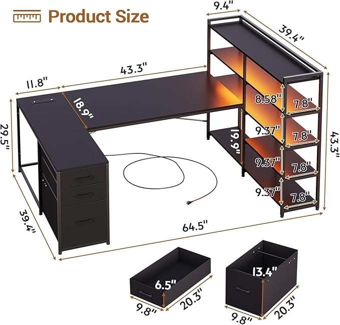 SEDETA L Shaped Gaming Desk, Reversible U Shaped Computer Desk with Power Outlet and Storage Shelves, Corner Gaming Desk with LED Lights, 3 Fabric Drawers, Black