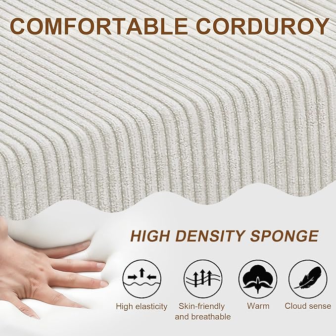JSLOVE Modular L-Shape Sectional Sofa with Chaise, 3 Seat Movable Boneless Cloud Couch in One Box, Sofa Couch Bed with Ultra-Soft Corduroy Fabric, No Assembly Required for Living Room, Bedroom(Beige)