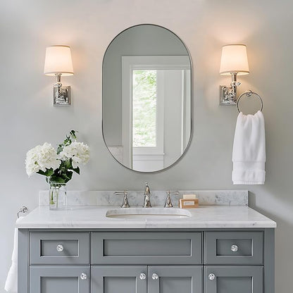 ANDY STAR Brushed Nickel Oval Bathroom Mirror, 20x33 inch Pill-Shaped Mirror for Wall HD Reflection Metal Frame Mirror for Bathroom Hang Vertical or Horizontal