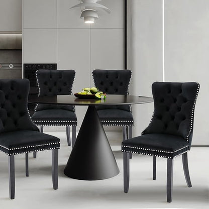 Velvet Upholstered Dining Chairs Set of 4, Modern Style Kitchen Side Chairs with Nailhead Trim and Wood Legs,Metal Pulling Ring for Dining Room Living Room(Black,Set of 4)