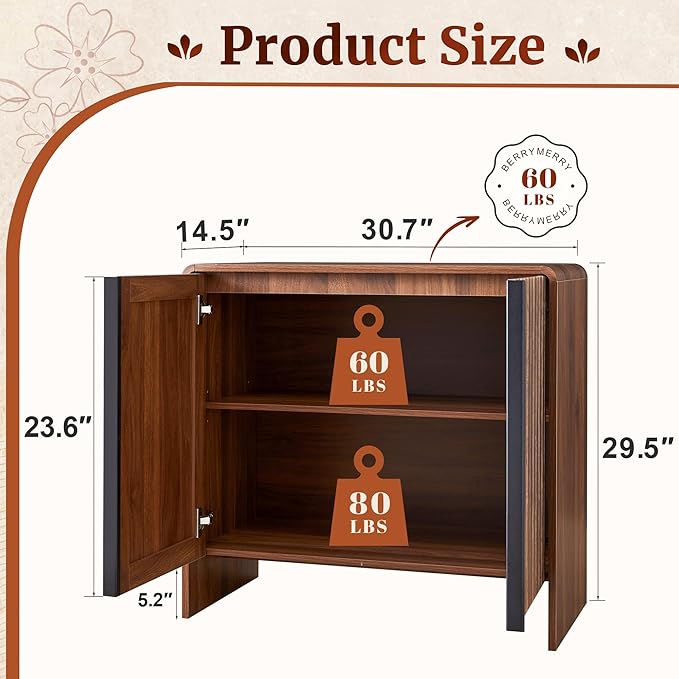 BERRYMERRY 2 Door Fluted Sideboard Buffet Cabinet with Storage, Modern Wood Cabinet with Adjustable Shelves for Living Room, Dining Room (Brown 4 Doors)