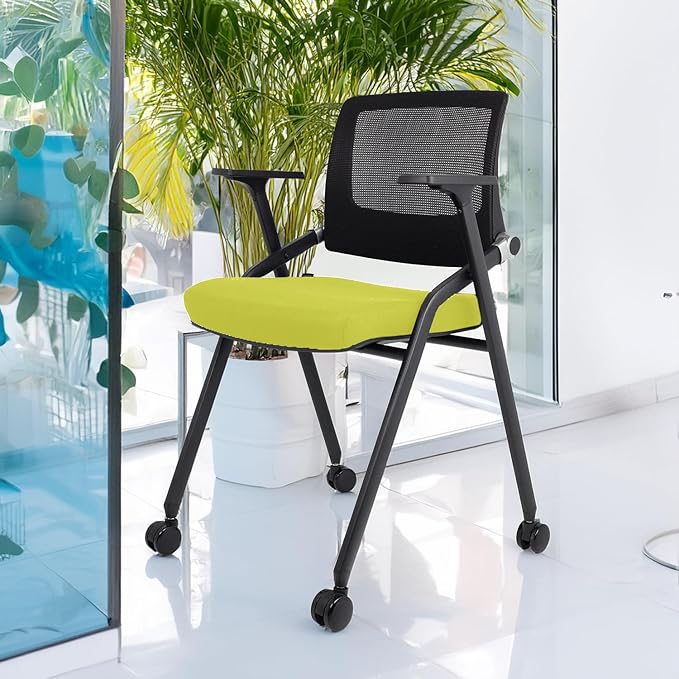 10 Pack Foldable Office Chairs with Wheels, Mesh Back, Arms and Portable - Folding Office Chairs for Conference Room Chair, Office Guest & Reception & Meeting Chair - (Green) 300 lbs.
