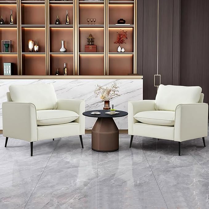 YISHENG Mid-Century Modern Living Room Accent Chairs Set of 2 - Oversized Faux Leather Armchairs with Removable Cushions & Metal Legs, Comfortable Sofas for Office/Lounge/Bedroom/Reception,Cream