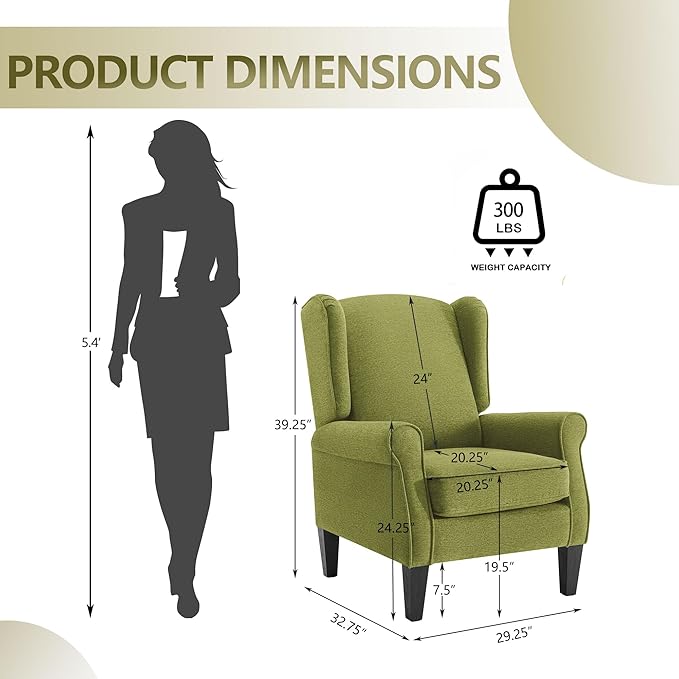 Accent Chair for Living Room, High Back Reading Armchairs with Removable Seat Cushion, Mid-Century Green Single Couch in Fabric, Modern Ergonomic Wingback Chair for Bedroom,Club, Balcony