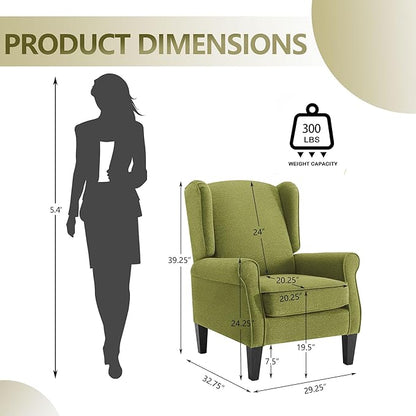 Accent Chair for Living Room, High Back Reading Armchairs with Removable Seat Cushion, Mid-Century Green Single Couch in Fabric, Modern Ergonomic Wingback Chair for Bedroom,Club, Balcony