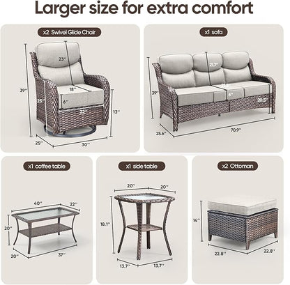 Swivel Patio Chairs sofa Set of 7 with 6" Thick Cushion - Wicker Outdoor Swivel Rocker Patio Chair ,Sofa/Glass coffee table, High Back Comfortable Outdoor Glider Chairs - Brown Wicker Beige Cushions