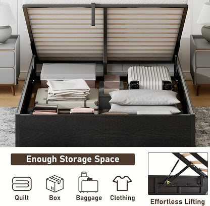 Queen Size Lift-Up Storage Platform Bed Frame, Metal Bed Frame with Wooden Slats Support, Spacious Underneath Storage, No Box Spring Required, Noise-Free, Black