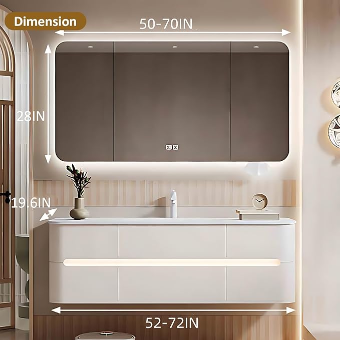 56IN Bathroom Vanity - Bathroom Vanity with Sink with Intelligent Induction Light | Wall-Mounted Bathroom Vanity with Intelligent LED Mirror Cabinet & 6 Drawers, Cream Color