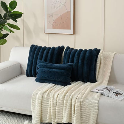 FUTEI Navy Blue Decorative Throw Pillow Covers 26x26 Inch Set of 2, Square Soft Faux Rabbit Fur Thick Striped Euro Pillow Shams,Winter Home Decor for Couch Bed Living Room