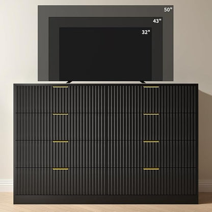 Black Dresser for Bedroom with 8 Drawer, 55” Wide Fluted Double Drawer Dresser Modern Chest of Drawers with Gold Handle, Wood TV Stand for Bedroom, Living Room, Black