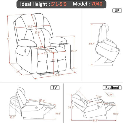 MCombo Power Lift Recliner Chair for Elderly, Lift Chair with Heat and Massage, FSC Certified, USB&Type C Ports, Cup Holders, Fabric 7040 (Medium, Gray)