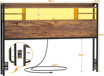 Aheaplus Headboard for Full Size Bed with Storage, Headboards with LED Light, Power Outlets, USB Ports Full Size Head Board, Wood headboard Only Sturdy and Stable Headboards, Modern, Rustic Brown