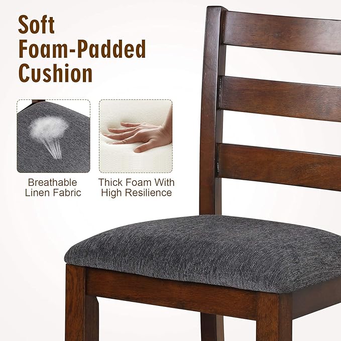 COSTWAY Set of 2 Counter Height Bar Stool, 25.5-Inch Upholstered Bar Stools with Solid Rubber Wood Frame, Foam-Padded Cushion, Footrest, Kitchen Chair for Bistro, Living Room, Grey and Brown