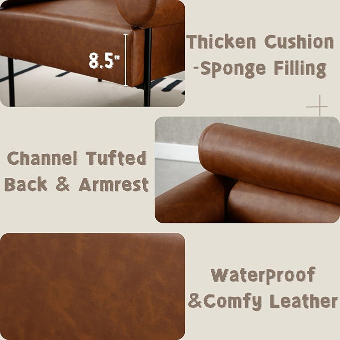 Modern Accent Chairs Set of 2, Single Sofa Accent Chairs for Living Room, Oversized Upholstered Leather Mid-Century Office Reading Armchairs with Channel Tufted for Bedroom, Brown