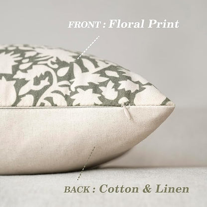 Foindtower Set of 2 Decorative Neutral Floral Throw Pillow Covers Accent Farmhouse Cushion Covers Boho Vintage Pillowcase for Couch Sofa Bedroom Living Room Home Decor,22×22 Inch,Sage Green