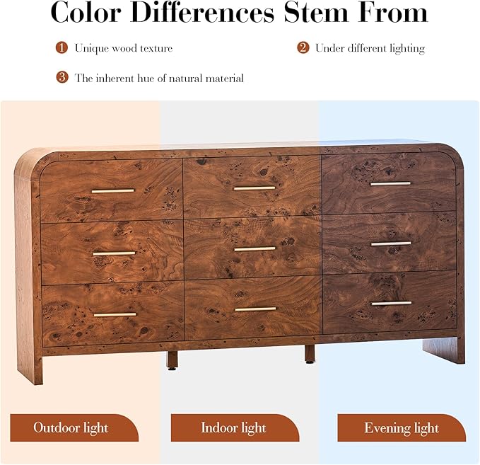 Curved 9-Drawer Dresser for Bedroom, 63" Wide Modern Chest of Drawers, Vanity Desk TV Stand for Living Room, Closet Storage Drawers Organizer Furniture, Nursery, Hallway, Dark Burl