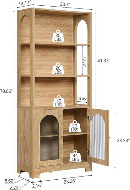 RARZOE 71" Tall Bookshelf and Bookcase, 5-Tier Arched Bookshelf with Glass Doors, Floor Standing 5 Shelf Book case, Wood Display Cabinet Storage Organizer for Living Room, Bedroom, Office(Natural)