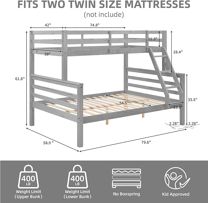 Softa Twin Over Full Bunk Bed with Thick Posts,Wooden Bunk Bed with High Guardrail and Ladder for Kids, Teens, Dorm Rooms, and Guest Rooms,No Box Spring Needed,Grey