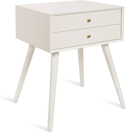 Kate and Laurel Finco Midcentury Modern Style Side Table with 2 Drawers, White Finish with Brass Hardware