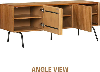 NTC Veil TV Stand with 3 Doors for TVs up to 60’’, Media Console with Vertical Groove Design and Metal Legs, Modern Entertainment Center for Living Room and Bedroom, Effortless Assembly, Teak Look