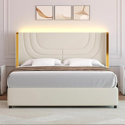 Queen Bed Frame with LED Lights, Faux Leather Upholstered Platform with Silver Wingback Headboard, Modern Style, No Box Spring Needed, Easy Assembly, Cream