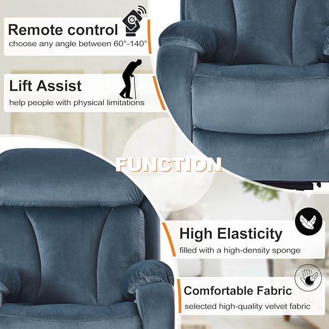 Power Lift Chair Recliners for Elderly, Modern Adult Power Lift Recliner, Velvet Upholstery Electric Lift Chair Recliner with Remote Side Pocket for Living Room