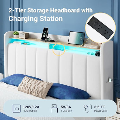 Allewie Velvet Vertical Tufted Full Size Upholstered Platform Bed Frame with 2-Tier LED Storage Headboard & 2 Storage Drawers, USB & Type-C Charging Ports, Noise-Free/No Box Spring Needed, White