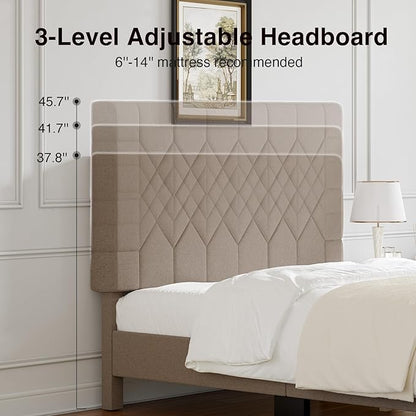 Novilla Full Size Bed Frame, Full Bed Frame with Wood Slats Support, Linen Upholstered Pull-Point Headboard, No Box Spring Needed, Heavy Duty Feet, Easy Assembly, Beige