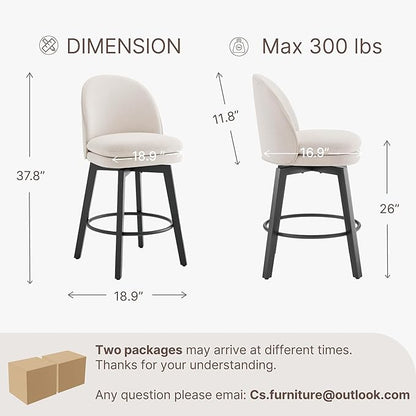 Counter Height Barstools 26 inch Upholstered Swivel Bar Stools with Back and Wood Legs for Kitchen Island,Set of 4,Beige Fabric-Armless