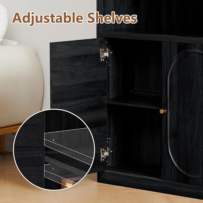 70.8" Tall Fluted Bookshelf with Storage Cabinet Set of 2, Modern 5-Tier Wood Bookcase with Open Display Storage Shelf, Gold Handles for Office Living Room (Black)