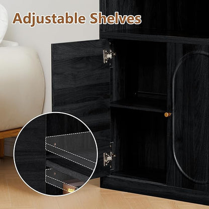70.8" Tall Fluted Bookshelf with Storage Cabinet, Modern 5-Tier Wood Bookcase with Open Display Storage Shelf, Gold Handles for Office Living Room (Black)