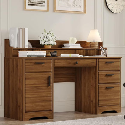 Executive Desk with File Drawers,Computer Desk with Storage,58 Inch Home Office Desk with Storage Cabinet for Bedroom, Rustic Brown