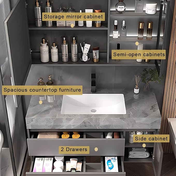 White 36IN Modern Bathroom Vanity - Wall-Mounted Bathroom Storage Cabinet & Bathroom Vanity with Sink, Bathroom Medicine Cabinet Wall Mounted, Defogging & Led Lighting | Bathroom Cabinet Slim