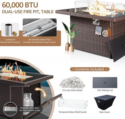 NICESOUL Modern Luxury Outdoor Patio Sectional Furniture Set with Fire Pit Table, Large Size PE Brown Wicker 29.3'' High Back Conversation Set with Natural Gas/Propane Fireplace, 11 Pieces 10 Seats