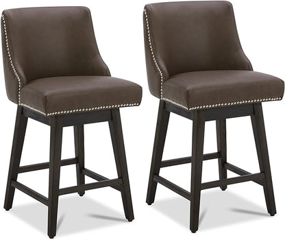 CHITA Counter Height Swivel Bar Stools Set of 2, FSC Certified Upholstered Counter Stools, Modern Swivel Barstools with Wood Legs for Kitchen Island, 26" Seat Height, Faux Leather in Chocolate