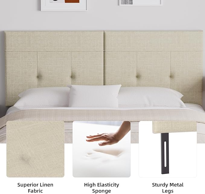King Headboard Only with Adjustable Metal Legs, Faux Leather Upholstered Headboard King Size, Modern Stylish Headboard with Sunken Dot Design, Sturdy Bed Headboard for Bedroom, Linen