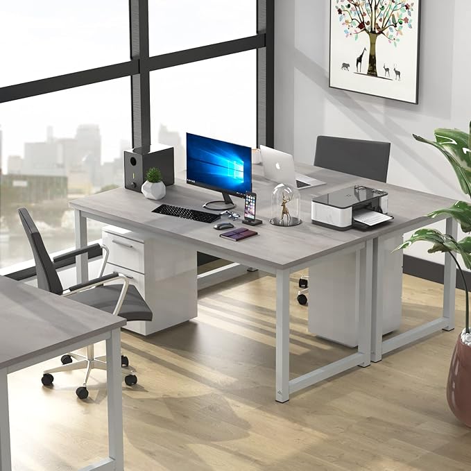 NSdirect 63" Large Computer Desk,Modern Simple Style PC Table Office Desk Wide Workstation for Study Writing,Gaming and Home Office,Extra 1" Thicker Wooden Tabletop and Black Metal Frame,Stone White