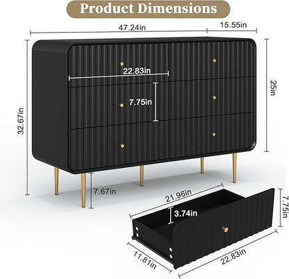 HLR Black Dresser for Bedroom,48'' Wide Wood Chests of Drawers,Modern Fluted 6 Drawer Dresser with Gold Metal Handles,Clothes Deep Drawer Dressers Storage for Living Room,Hallway