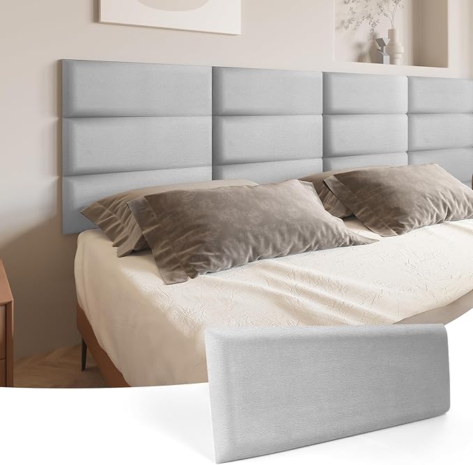 Art3d Peel and Stick Headboard for Full King and Queen in Velvet Stone, Pack of 12 Panels Sized 9.84" x 23.62", 3D Soundproof Wall Panels, Upholstered Wall Panel