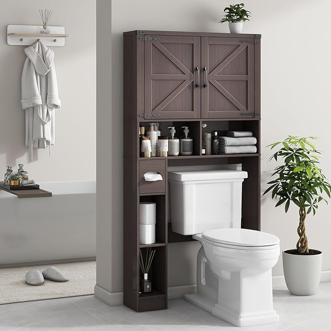 Vabches Over The Toilet Storage Cabinet, Farmhouse Storage Cabinet Over Toilet with Barn Doors & Toilet Paper Holder Stand，Home Space-Saving Toilet Rack, for Laundry, Bathroom, Restroom(Espresso).