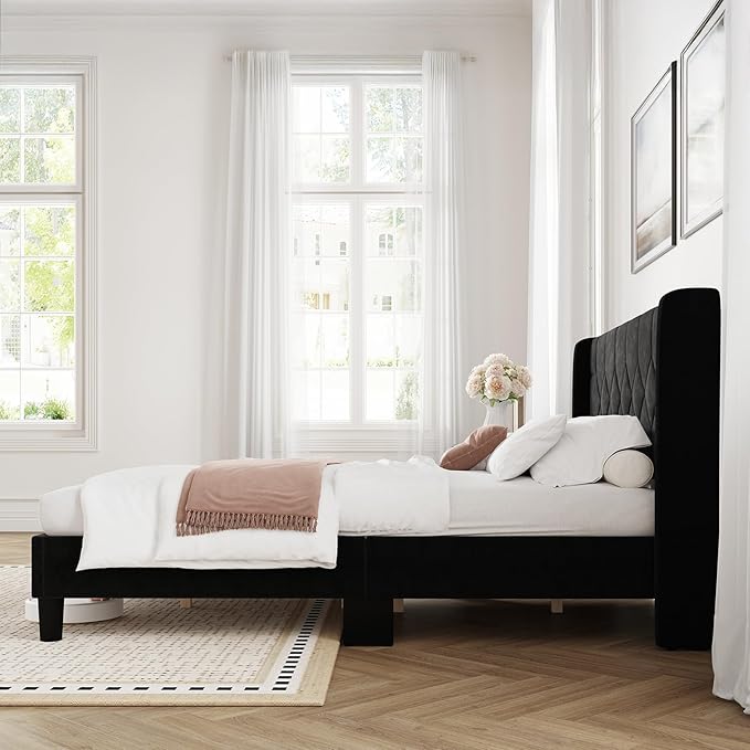 Novilla Full Size Bed Frame, Full Bed Frame with Headboard, Velvet Upholstered Pull-Point Wing Side Headboard, No Box Spring Needed, Heavy Duty Feet, Easy Assembly, Black Velvet
