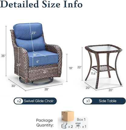 Belord Luxury 6" Thick Cushioned Outdoor Swivel Rocker Patio Chairs with Side Table, 3 Pieces High Back Wicker Furniture Set with Ergonomic Back, Conversation Gliders Set for Deck Porch - Brown+Blue