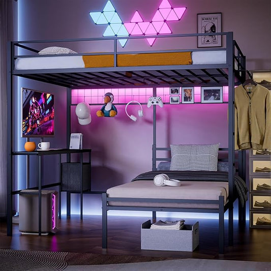 Queen Over Twin Bunk Bed with Desk - Detachable Queen Loft Bed with Drawers & Shelves, L-Shaped Create Spacious Home Office or Lounge Underneath - Sturdy Metal Frame Family-Friendly for All Ages